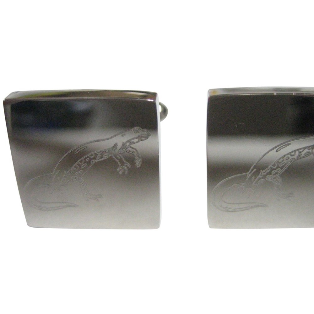 Silver Toned Square Etched Newt Gecko Lizard Cufflinks